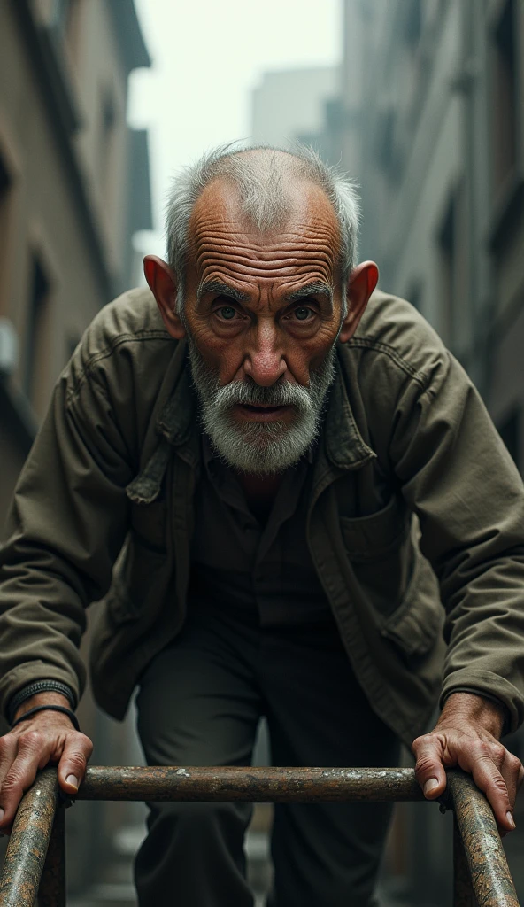  an elderly man with weather-worn features. Your skin is wrinkled with age spots, deep lines around the eyes and mouth. He has clear and expressive eyes that convey wisdom and life experiences.. He is climbing a ladder, you can only see his back. 