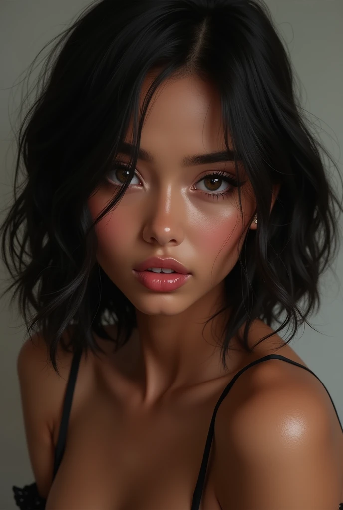 Create an image of a short black-haired girl with brown skin color, pretty, sexy