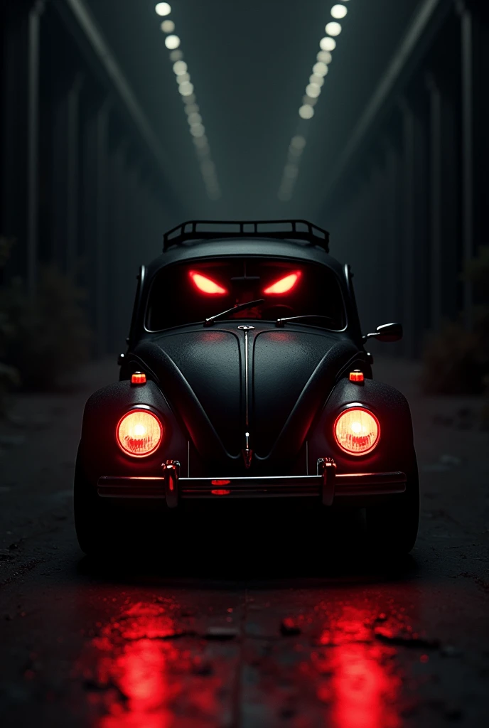 black backdrop, black beetle car year 1980,with both red headlights,looking at a mirror very closely