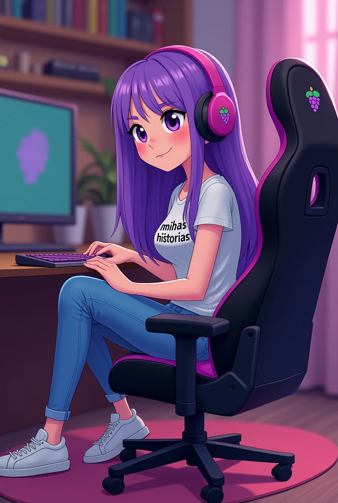 Image Description: The character is represented in Adventure Time style with natural lilac skin, sitting with her back to a gamer table. She is in a black gaming chair with purple details, including a small grape symbol on the back. Her long, straight hair reaches down to her waist, starting out a dark shade of purple at the roots and gradually lightening at the ends. She wears a short-sleeved t-shirt with the phrase "minhas histórias", jeans and white sneakers. The character is also wearing headphones, which have a grape symbol on the sides. the environment is a cozy room with a bookshelf, she is sitting on the Gamer chair with her back to the gamer computer and the colors match like her