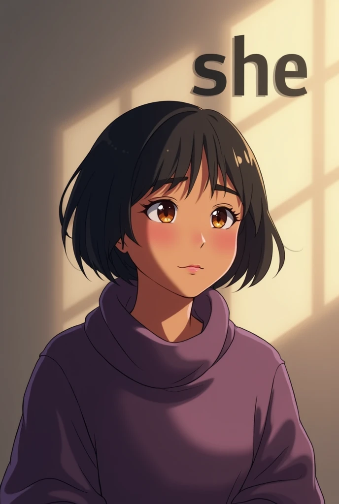 in anime, A grandmother who is a woman and Bolivian, He has short, black hair, His eyes are brown and he has a calm and serene expression.. He is wearing a purple sweater. And behind her she has as a background the word that says: she 