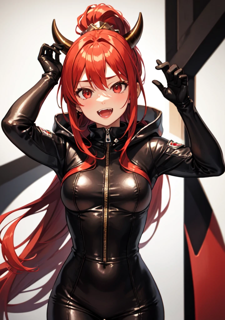 Best Quality, pretty Woman, Red hair, by the wide, Red eyes, Upper part of the body, single horns, dress, Leather Clothes, unused hood, Pretty Woman, open mouth smile showing small fangs, soft body, slender, normal breasts, firm and round. Leather biker gloves. Brown tunic. konosuba style. Teenage Woman. with hair ornament. Ponytail hairstyle.