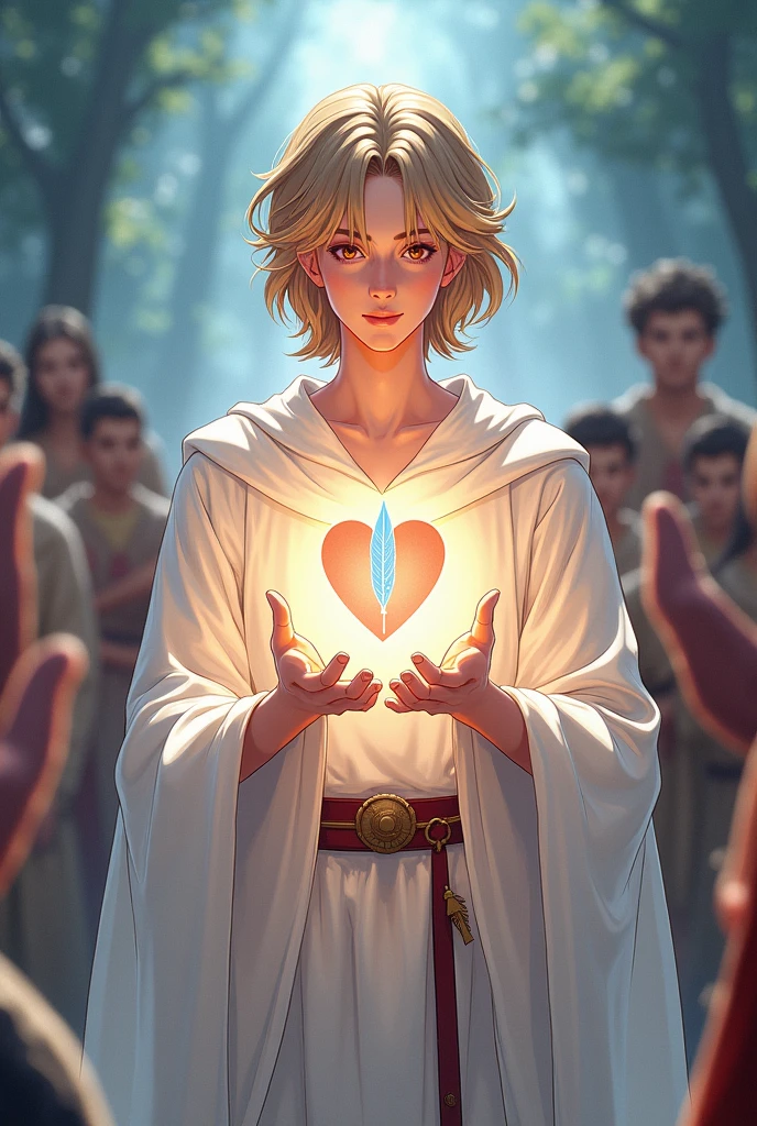 a young half-elf man with delicate, feminine features and shoulder-length light brown hair.
wearing white medieval clothing with a symbol of a light blue feather over a red heart drawn on the clothes at chest height.
emitting light from hands to heal injured people in medieval anime cartoon style
