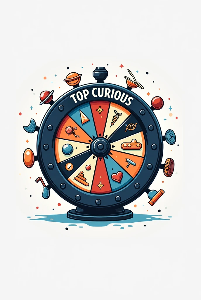 logo with Wheel of Curiosity: A wheel with icons representing different curious topics (For example, a pyramid, a DNA, One planet, etc.), with the name "Top Curious" Ao centro. The wheel can rotate around a central axis, symbolizing the diversity of topics covered in the channel