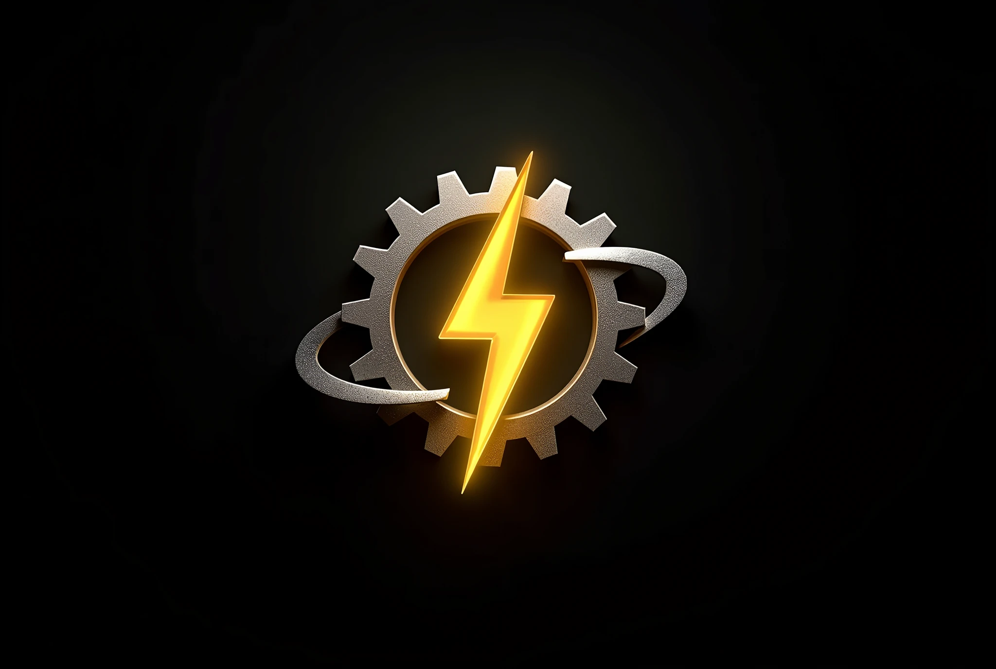 Electrical engineering symbol with yellow lightning bolt, fully solid black background, silver gear and molecular energy ray wrap