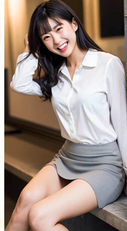 A slim Japanese woman in a business casual outfit, grey skirt, white shirt, laughing while sitting, her white panties visible from under her skirt, detailed catalogue photo, photorealistic, centered composition, grey and white color tones, sharp focus, ultra-detailed, high resolution, 8k, best quality, professional studio lighting