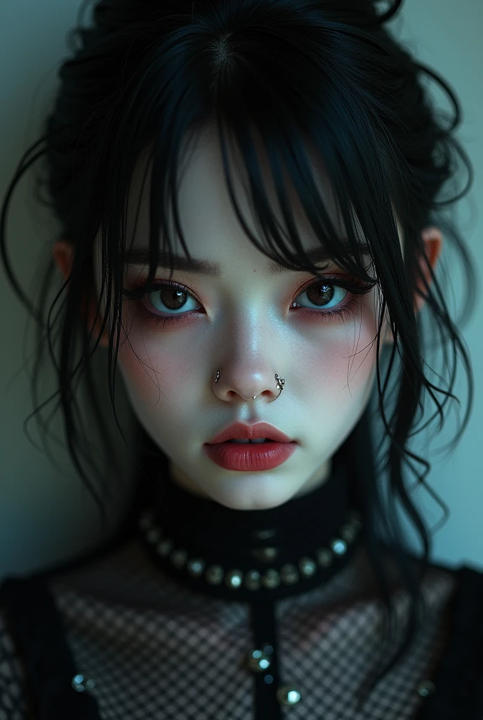 Arafed woman with piercings and piercings on her face., 1  goth girl, goth girl aesthetic, Wear gothic makeup, gothic aesthetic, goth girl, pale goth beauty, cruel korean goth girl, 1  anime goth girl, Goth makeup, septum piercing, dark and penetrating eyes, Looks like a mix of grimes