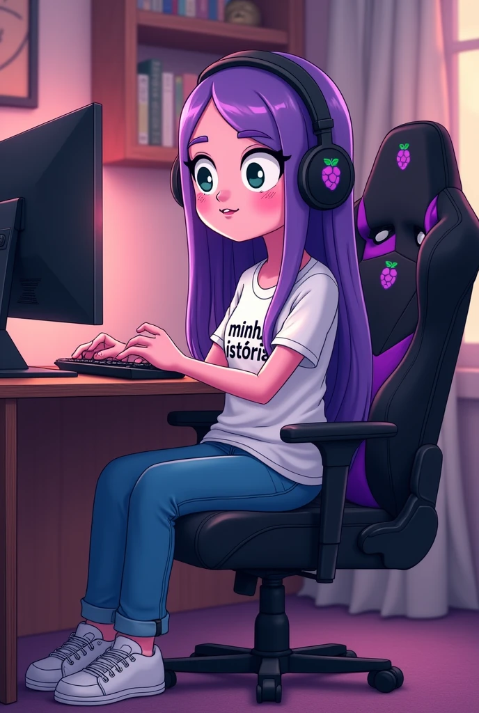 Image Description: The character is represented in Adventure Time style with natural lilac skin, sitting with her back to a gamer table. She is in a black gaming chair with purple details, including a small grape symbol on the back. Her long, straight hair reaches down to her waist, starting out a dark shade of purple at the roots and gradually lightening at the ends. She wears a short-sleeved t-shirt with the phrase "minhas histórias", jeans and white sneakers. The character is also wearing headphones, which have a grape symbol on the sides. the environment is a cozy room with a bookshelf, she is sitting on the Gamer chair with her back to the gamer computer and the colors match like her