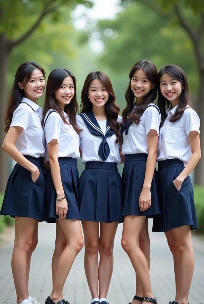 Five beautiful female students: the first Thai female student, aged 18-19 years old, wearing a Thai female student uniform; the second Lao female student, aged 18-1, wearing a Lao female student uniform; the third Japanese female student, aged 19-20 years old, wearing a Japanese female student uniform; the fourth female student, aged 20-21 years old, wearing a South Korean female student uniform; and the fifth Taiwanese female student, aged 20-2, wearing a Taiwanese female student uniform, standing and posing for a photo, smiling beautifully. 