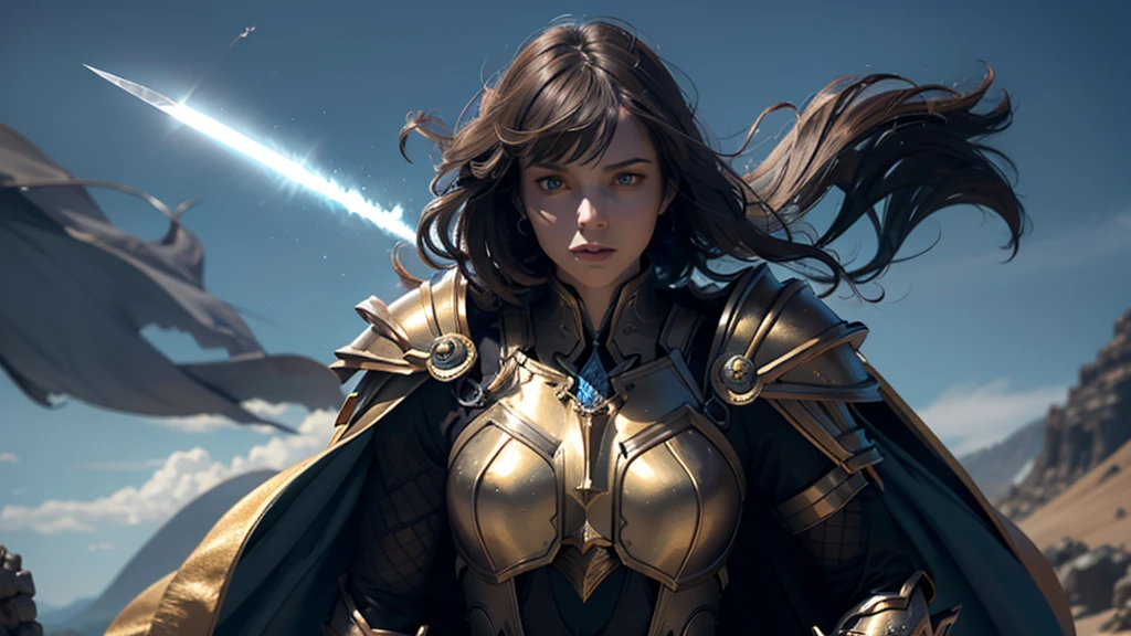 8K, Ultra HD, Highest quality, (Very detailed), Dynamic Angle, Mysterious expression, wind-effect, fantasy background, Edge lighting, Movie Lighting, Ultra-high resolution, 8K UHD, Film Grain, Better shadows, Moderate, Raw, Light Particles, Delicate skin texture, Detailed armor textures, Delicate face, Intricate details, Very detailed, bright, Strong, Gold Armor, (Glowing longsword), reduce, Crushing, Scapula, Long cape, fantasy, (Practical), Scapula, complex, With complex, Perfect lighting, Viewers, Movie Lighting, flight Keywords: flight, Holy Light, Energetic, Bangs, wind, Female Knight，volcano，night，magma，castle