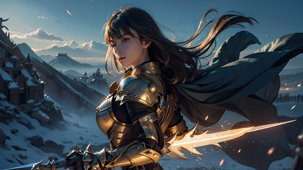 8K, Ultra HD, Highest quality, (Very detailed), Dynamic Angle, Mysterious expression, wind-effect, fantasy background, Edge lighting, Movie Lighting, Ultra-high resolution, 8K UHD, Film Grain, Better shadows, Moderate, Raw, Light Particles, Delicate skin texture, Detailed armor textures, Delicate face, Intricate details, Very detailed, bright, Strong, Gold Armor, (Glowing longsword), reduce, Crushing, Scapula, Long cape, fantasy, (Practical), Scapula, complex, With complex, Perfect lighting, Viewers, Movie Lighting, flight Keywords: flight, Holy Light, Energetic, Bangs, wind, Female Knight,volcano,night,magma,castle