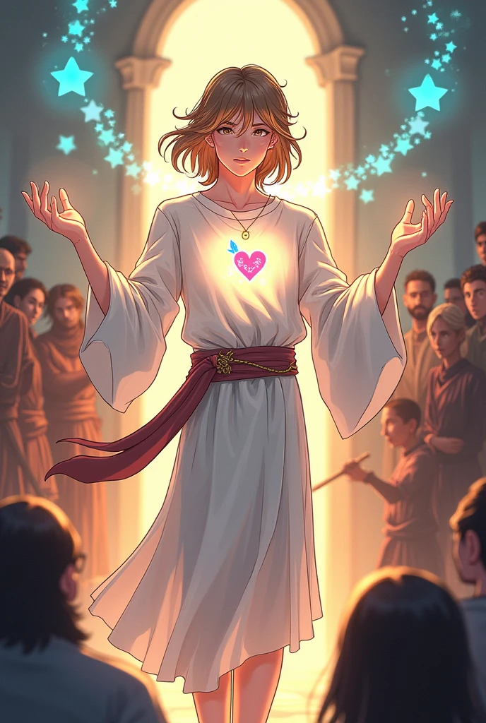 a young half-elf man with delicate, feminine features and shoulder-length light brown hair.
 
wearing white medieval clothing with a symbol of a light blue feather over a red heart drawn on the clothes at chest height.

 emitting light from hands to heal injured people in medieval anime cartoon style
