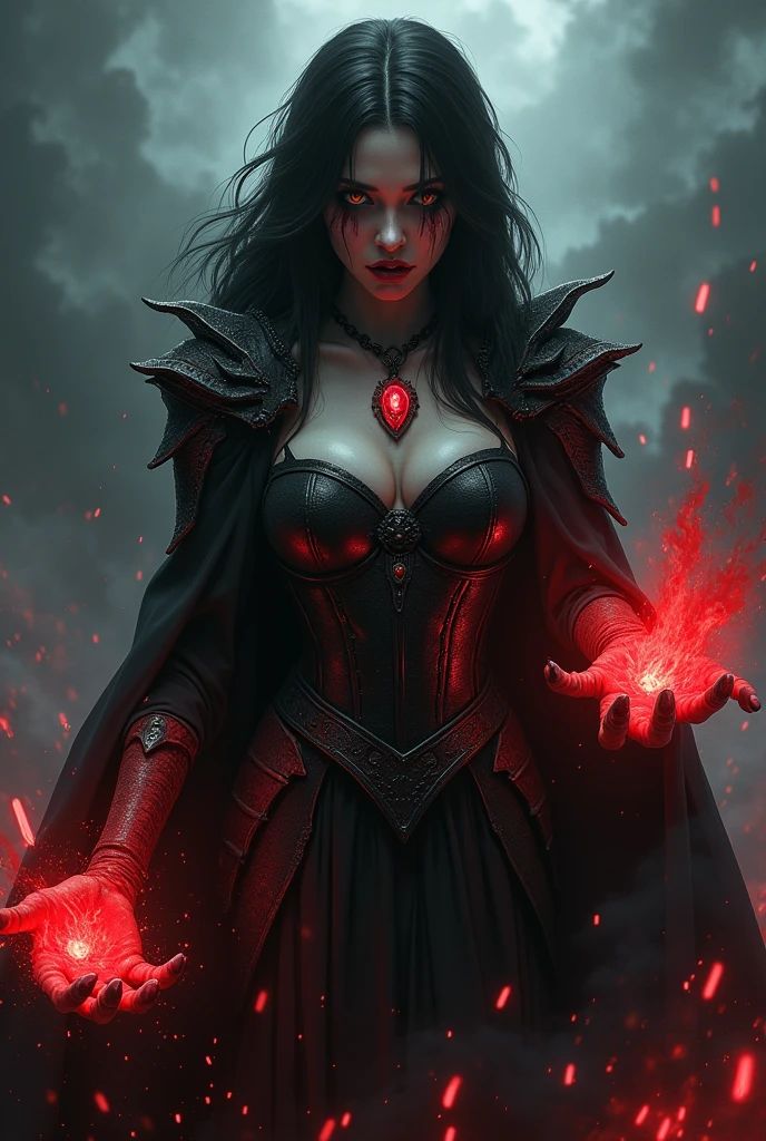 (photoralism:1.2), Very detailed, Ultra-high resolution, High Contrast, masterpiece, realistic, Hell stormy scene, pretty woman, golden eyes, black hair, frightening black dress with armor, witch, red magic from her hands, ashen skin, claws, evil, commanding, serious expression, streaks on eyes, frightening necklace with red gem