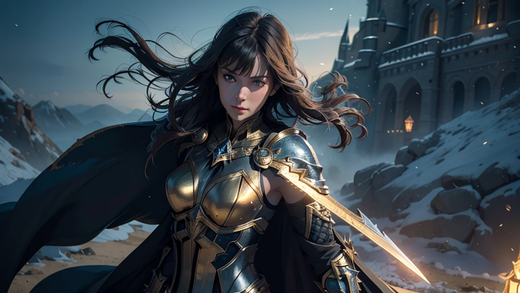 8K, Ultra HD, Highest quality, (Very detailed), Dynamic Angle, Mysterious expression, wind-effect, fantasy background, Edge lighting, Movie Lighting, Ultra-high resolution, 8K UHD, Film Grain, Better shadows, Moderate, Raw, Light Particles, Delicate skin texture, Detailed armor textures, Delicate face, Intricate details, Very detailed, bright, Strong, Gold Armor, (Glowing longsword), reduce, Crushing, Scapula, Long cape, fantasy, (Practical), Scapula, complex, With complex, Perfect lighting, Viewers, Movie Lighting, flight Keywords: flight, Holy Light, Energetic, Bangs, wind, Female Knight,volcano,night,magma,castle