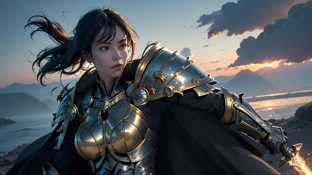 8K, Ultra HD, Highest quality, (Very detailed), Dynamic Angle, Mysterious expression, wind-effect, fantasy background, Edge lighting, Movie Lighting, Ultra-high resolution, 8K UHD, Film Grain, Better shadows, Moderate, Raw, Light Particles, Delicate skin texture, Detailed armor textures, Delicate face, Intricate details, Very detailed, bright, Strong, Gold Armor, (Glowing longsword), reduce, Crushing, Scapula, Long cape, fantasy, (Practical), Scapula, complex, With complex, Perfect lighting, Viewers, Movie Lighting, flight Keywords: flight, Holy Light, Energetic, Bangs, wind, Female Knight,volcano,night,magma,castle
