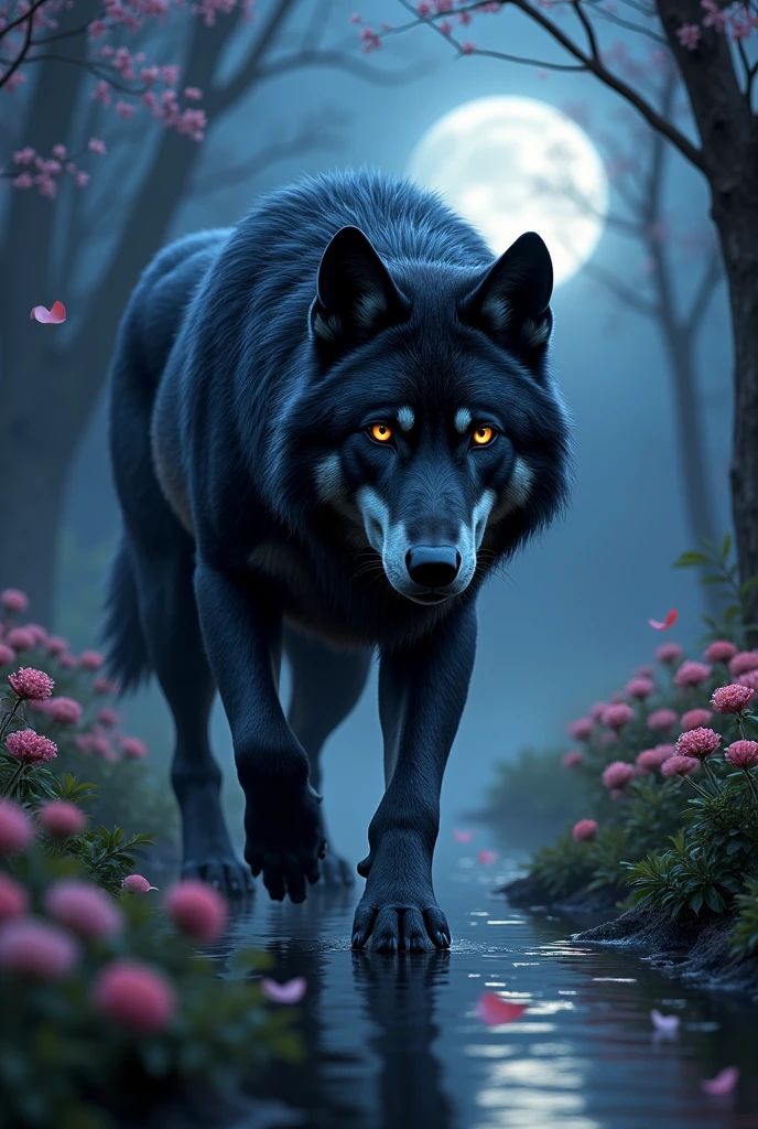 A black-haired wolf with bright brown eyes in a night garden 