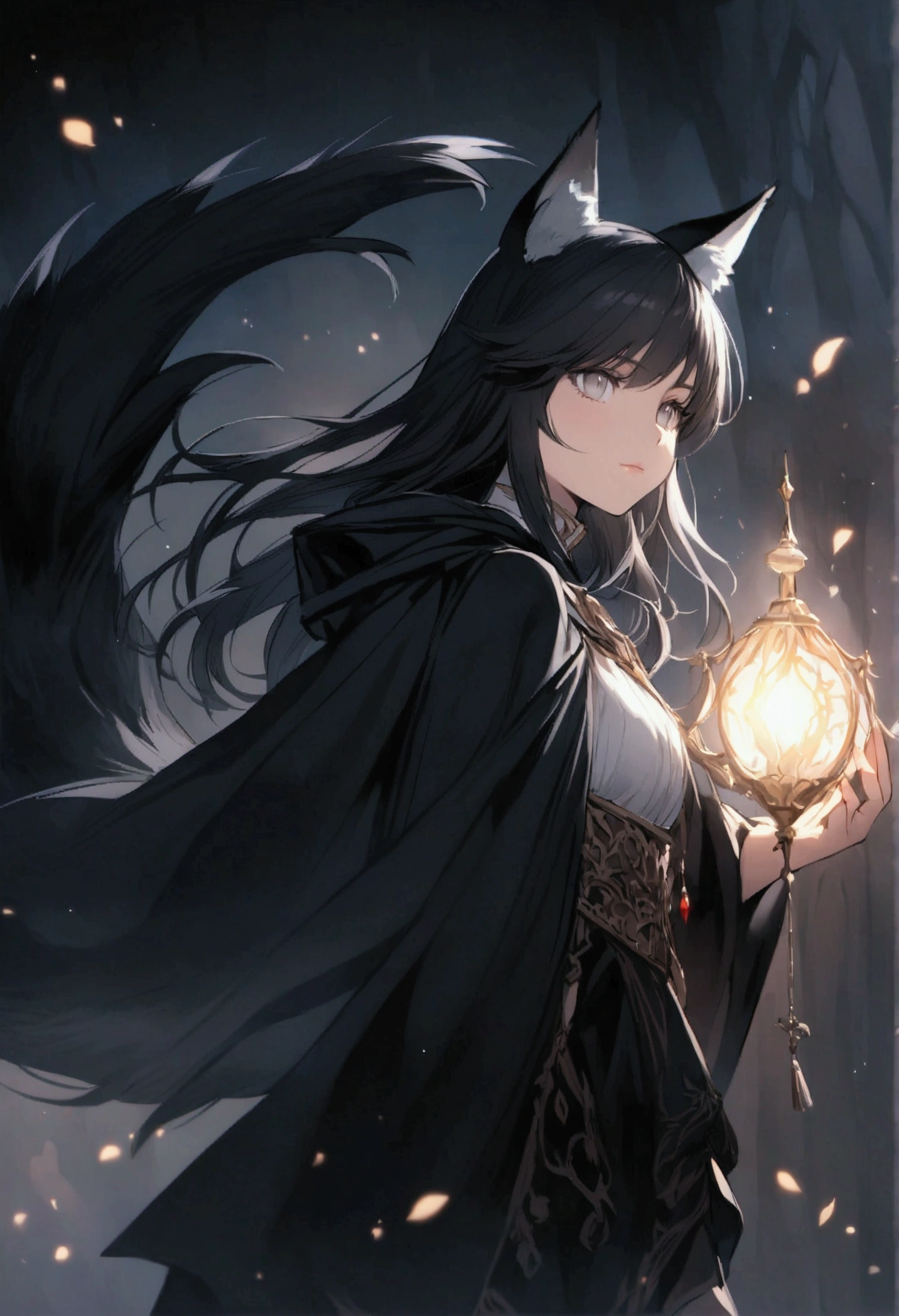 Female person, having black cloak, black hair, black wolf ears, black wolf tail, at the age of 18, with grey eyes, in a fantasy world
