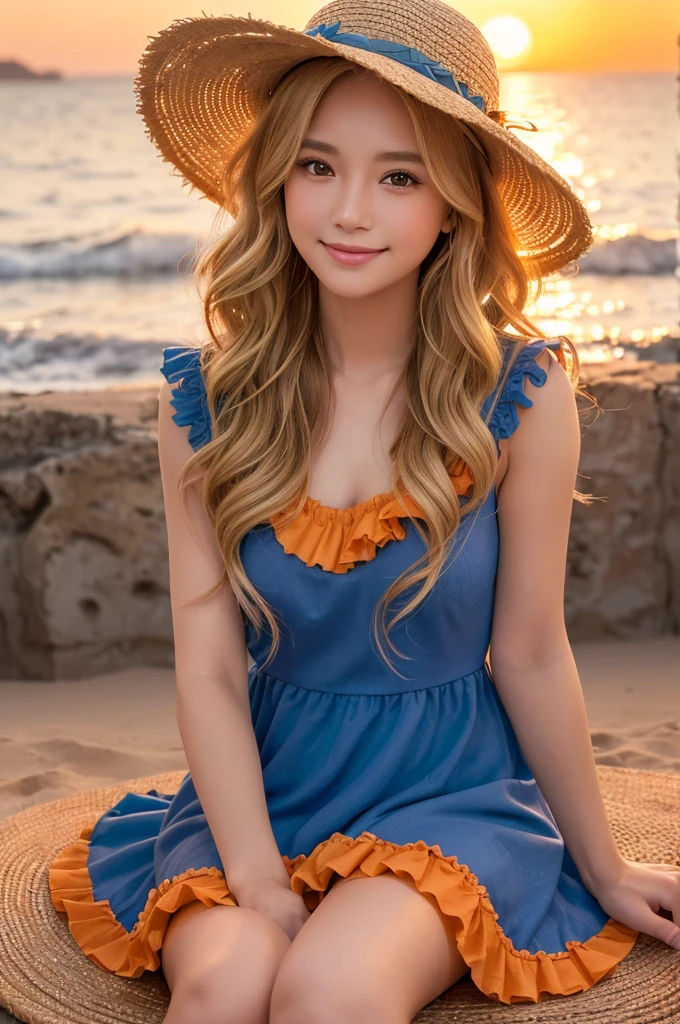 (((1若いVery detailed美しい顔))) (((Natural Makeup))),Amazing face and the best quality:1.4), (Ultra-detailed), (Very detailed CG 統合 8k 壁紙), Very detailed,3, High resolution raw color photos, Professional photography, Realistic portraits, Great face and eyes, Brown eyes,(((Wavy medium length blonde hair))), model, Depth of written boundary,,sit,smile,,3,,(((Warm Orange Sunset Background))),(((Blue frilly dress))),(Straw hat)
