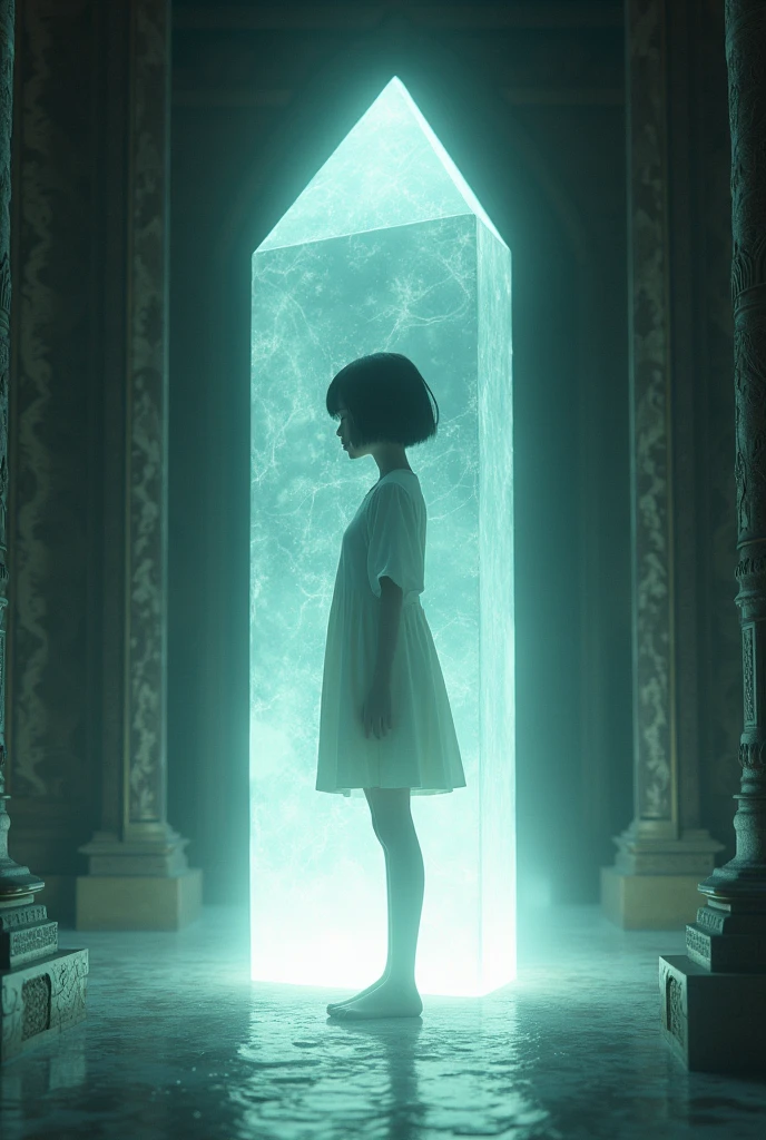 Depressed girl、Japanese、Black Hair、Bobcut、Pale complexion、Are thin、Trapped in a giant crystal。sealed、temple
