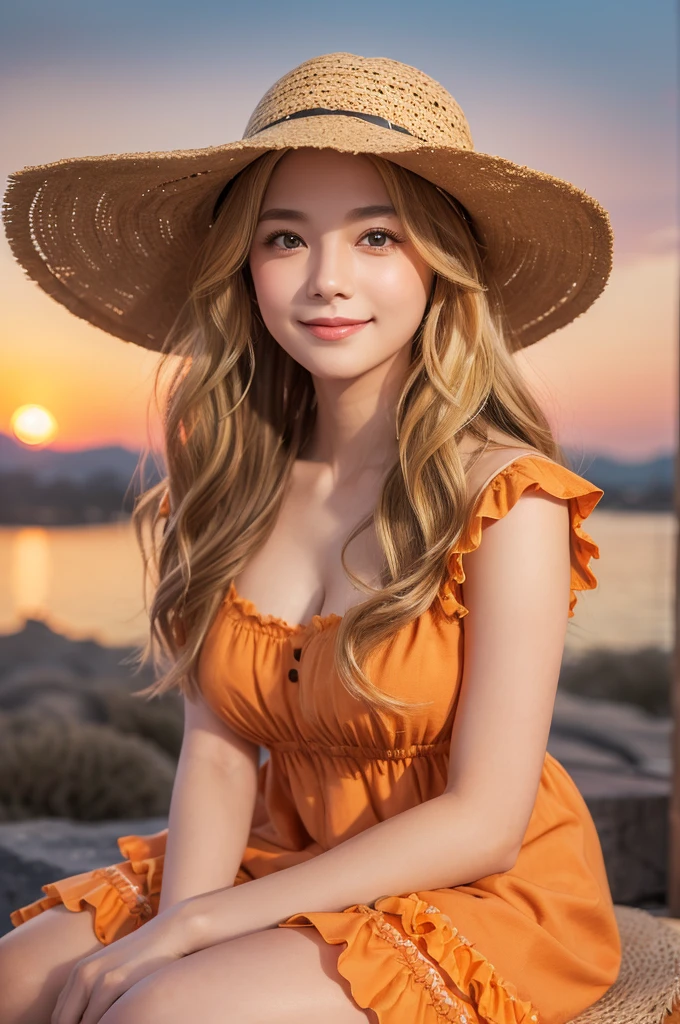 (((1若いVery detailed美しい顔))) (((Natural Makeup))),Amazing face and the best quality:1.4), (Ultra-detailed), (Very detailed CG 統合 8k 壁紙), Very detailed,3, High resolution raw color photos, Professional photography, Realistic portraits, Great face and eyes, Brown eyes,(((Wavy medium length blonde hair))), model, Depth of written boundary,,sit,smile,,3,,(((Warm Orange Sunset Background))),(((Blue frilly dress))),(Straw hat)
