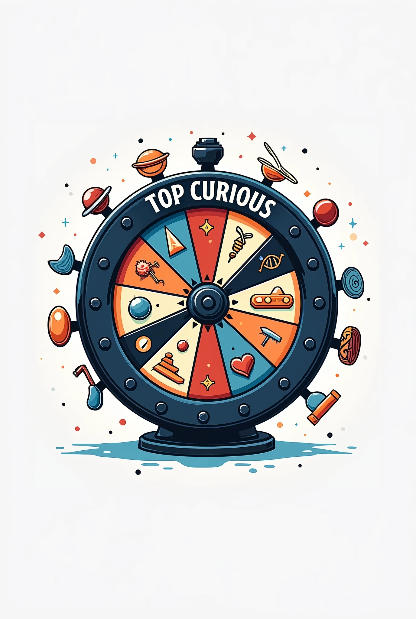 logo with Wheel of Curiosity: A wheel with icons representing different curious topics (For example, a pyramid, a DNA, One planet, etc.), with the name "Top Curious" Ao centro. The wheel can rotate around a central axis, symbolizing the diversity of topics covered in the channel