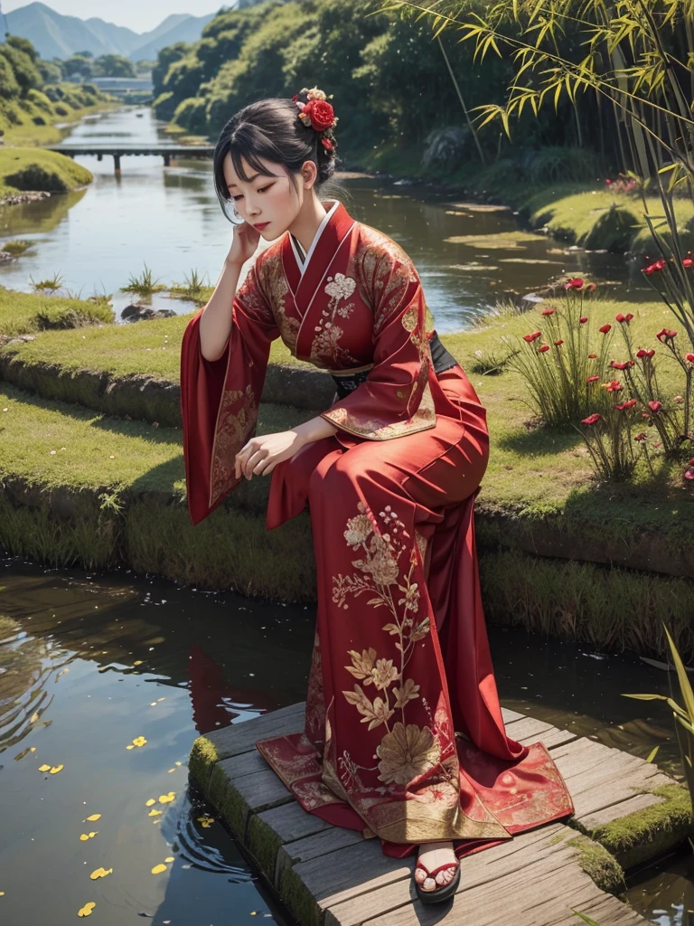 1 girl in a red silk dress, where wasps are embroidered in gold, flowers and dragons, on the bank of a quiet river, near an ancient Japanese village, bamboo, birds, great ink painting, masterpiece, ultra-detailed, intricate details