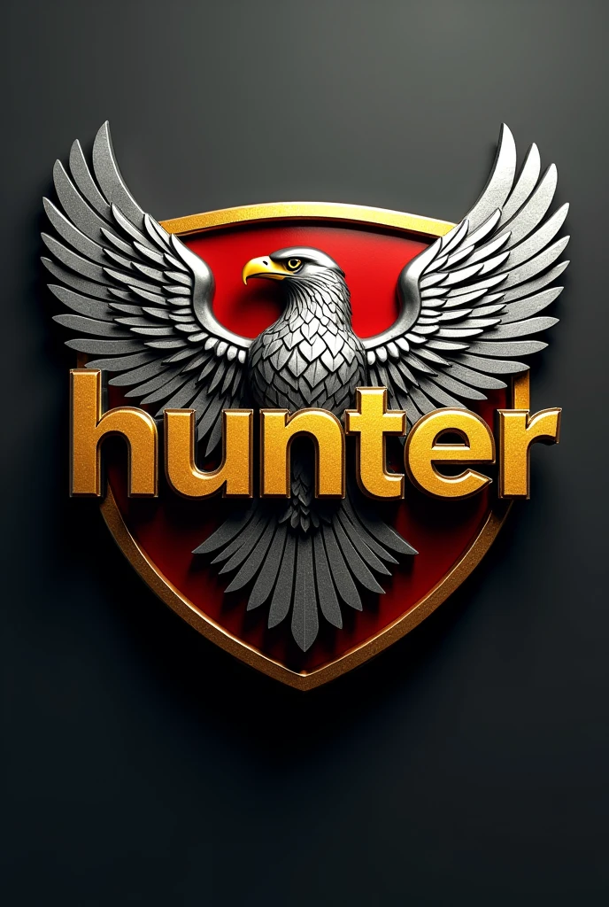 Create a 3D logo showcasing the word
"HUNTER" in sleek gold letters, embraced by a chrome eagle with outstretched wings and a determined gaze. Place the eagle in the heart of a metallic red, shield-shaped backdrop for a dynamic and powerful