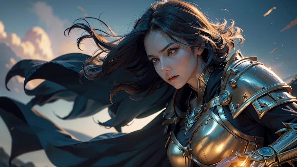 8K, Ultra HD, Highest quality, (Very detailed), Dynamic Angle, Mysterious expression, wind-effect, fantasy background, Edge lighting, Movie Lighting, Ultra-high resolution, 8K UHD, Film Grain, Better shadows, Moderate, Raw, Light Particles, Delicate skin texture, Detailed armor textures, Delicate face, Intricate details, Very detailed, bright, Strong, Gold Armor, (Glowing longsword), reduce, Crushing, Scapula, Long cape, fantasy, (Practical), Scapula, complex, With complex, Perfect lighting, Viewers, Movie Lighting, flight Keywords: flight, Holy Light, Energetic, Bangs, wind, Female Knight，volcano，night，magma，castle