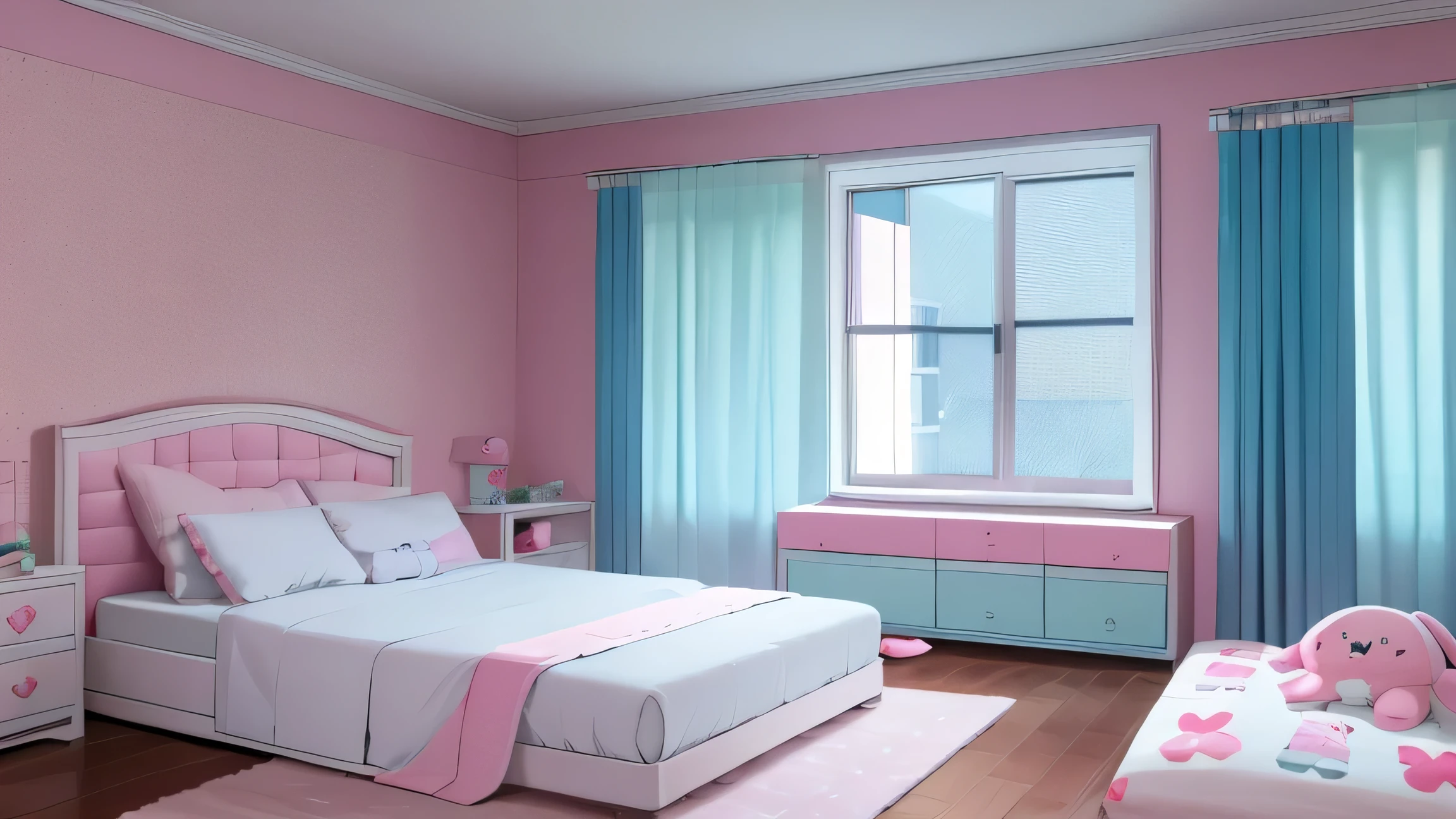 bagckground, bedroom, girly bedroom, skyblue walls, gamer setup, cute game setup, cute bed, heart window, plushies, anime looking, no people, drawing, no realistic