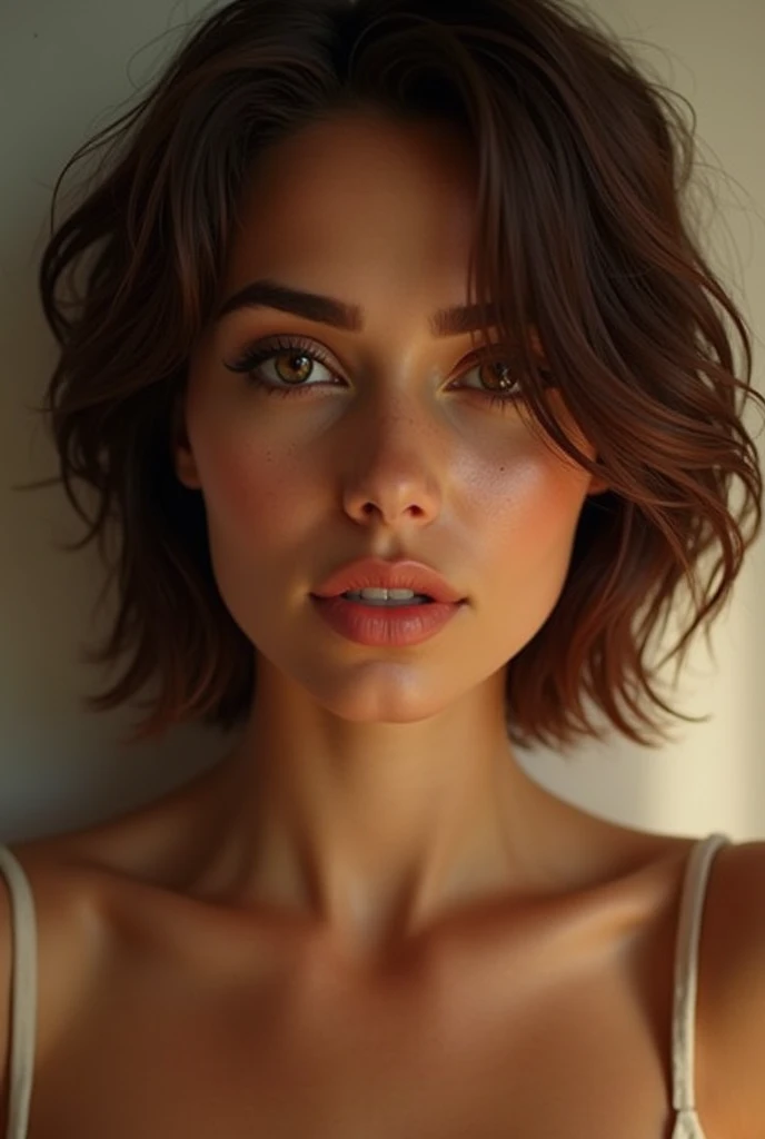 Create an image of a sexy short brown haired girl with brown skin color