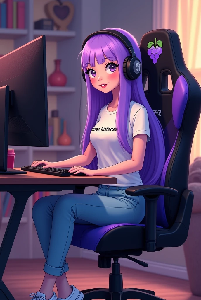 Image Description: The character is represented in Adventure Time style with natural lilac skin, sitting with her back to a gamer table. She is in a black gaming chair with purple details, including a small grape symbol on the back. Her long, straight hair reaches down to her waist, starting out a dark shade of purple at the roots and gradually lightening at the ends. She wears a short-sleeved t-shirt with the phrase "minhas histórias", jeans and white sneakers. The character is also wearing headphones, which have a grape symbol on the sides. the environment is a cozy room with a bookshelf, she is sitting on the Gamer chair with her back to the gamer computer and the colors match like her