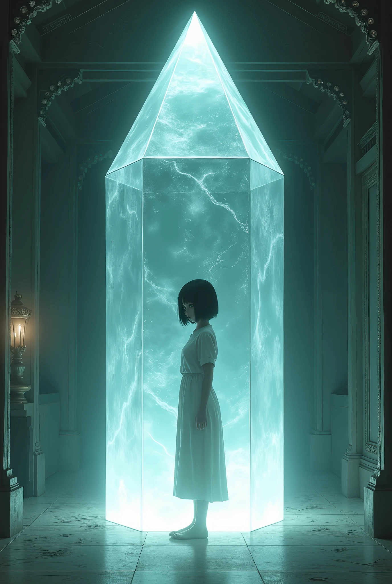 Depressed girl、Japanese、Black Hair、Bobcut、Pale complexion、Are thin、Trapped in a giant crystal。sealed、temple