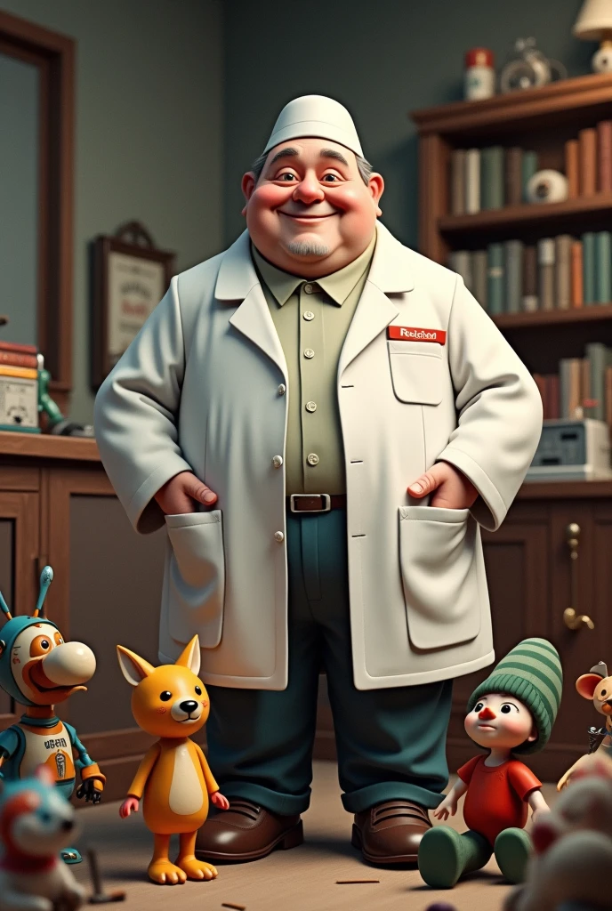 Fat doctor man with white coat and cap accompanied by collectible toys