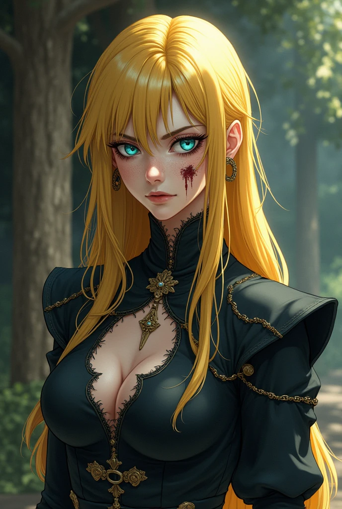 Fantasy Character. adult woman, yellow hair and blue eyes, fair skin with freckles, a frightening feature, with a dominant look. Medieval era anime style.