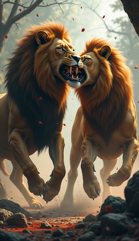 Lions and horses are biting each other, the background is trees and rocks.