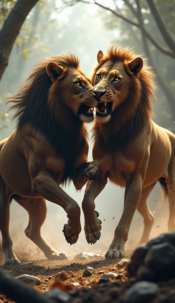 Lions and horses are biting each other, the background is trees and rocks.