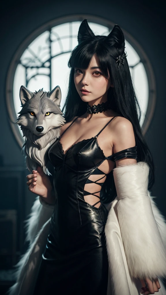 Woman with knife and wolf,, tumbler, Art Nouveau, princess Monster姫, Monster, princess Monster inspired, princess Monster color scheme, studio ghibly style Monster, studio ghibli and shinkai makoto, Ghibli anime style、live-action,High-resolution model, Ultra high definition, Textured skin, Real、White fur、Holding a red mask