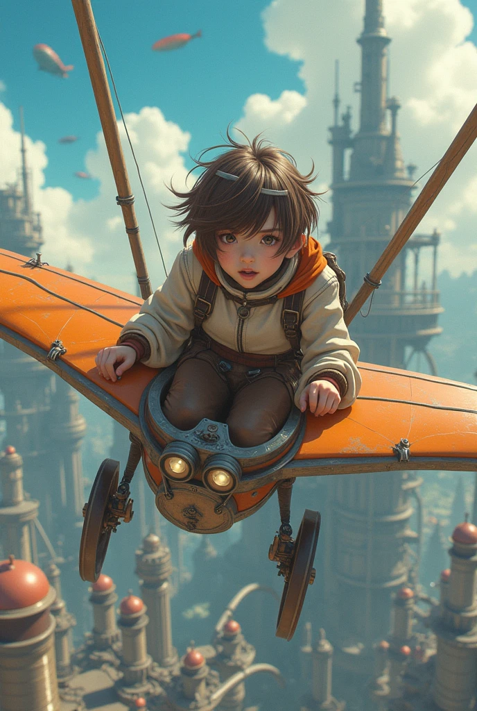 In a steampunk world, a 50-year-old Japanese woman with short hair and a standard body type is flying through the sky on a steampunk hang glider, she has a boyish look with saddle brown hair, steampunk  aerial city, steampunk  airships, Loose fitting steampunk outfit, steampunk goggles, (Realistic:1.4), full body, panorama, from above, Wide-Angle, masterpiece, accurate, high quality, best quality, high details, 8k
