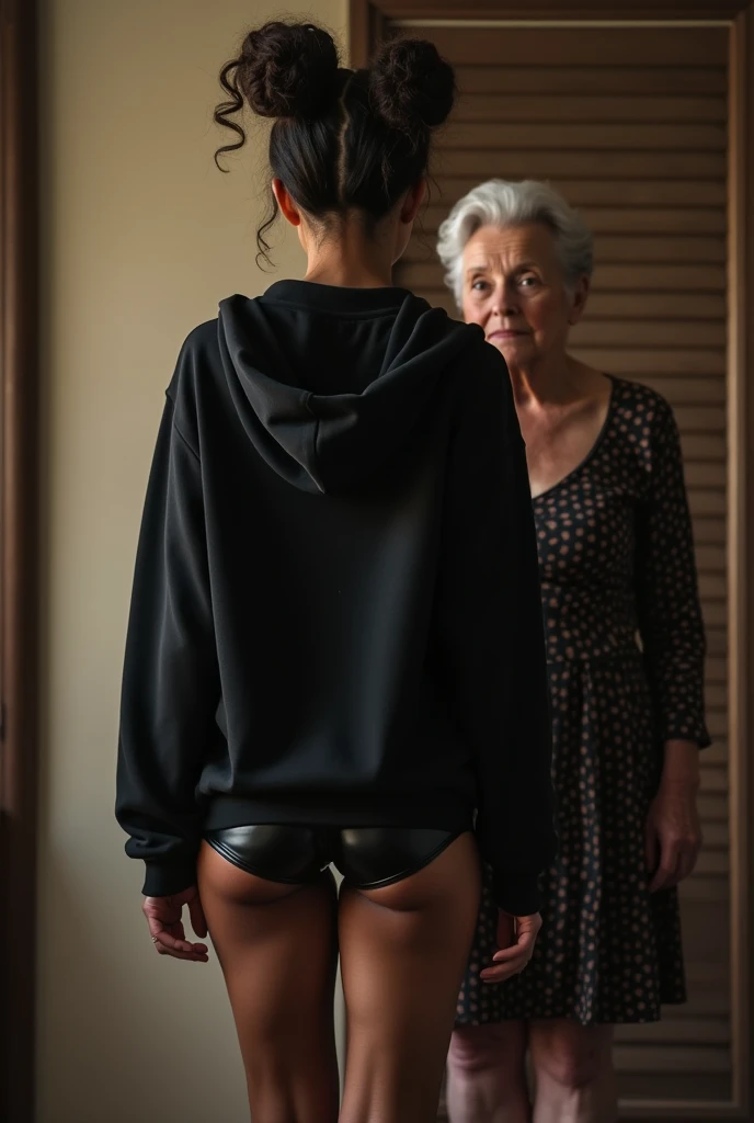 black woman hair in a bun black hoodie black leather short shorts being fucked in the ass by a old grandma in a dress