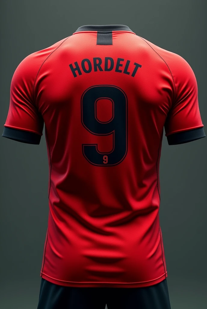 Create the back of a football shirt in red with some black details. Number 9 and a question mark in place of the player's name, above number 9