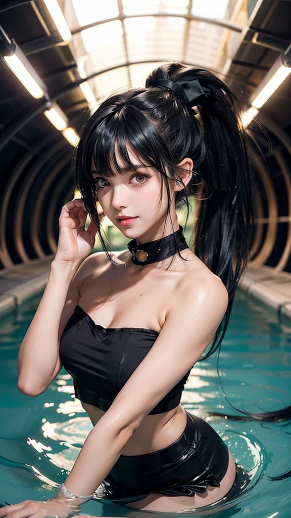 ((masterpiece, Highest quality, High resolution, Hmm., Pixel Perfect, Written boundary depth, 4K, RTTX 10.0, High resolution))), 1 girl, Size XXL, single, alone, Beautiful Anime Girls, Beautiful art style, ((Long Hair, bangs, Black Hair, ponytail:1.5)), (Brown eyes:1.4, Round eyes, Beautiful eyelashes, Realistic eyes, Raise the hand, Clean your armpits), (Detailed face, ), (Smooth texture:0.75, Realistic texture:0.65, Realistic:1.1, Anime CG style), Mid-chest, (Perfect body ,(Transparent black tube top), mini skirt, smile, Shooting in the tunnel, Immersed in water