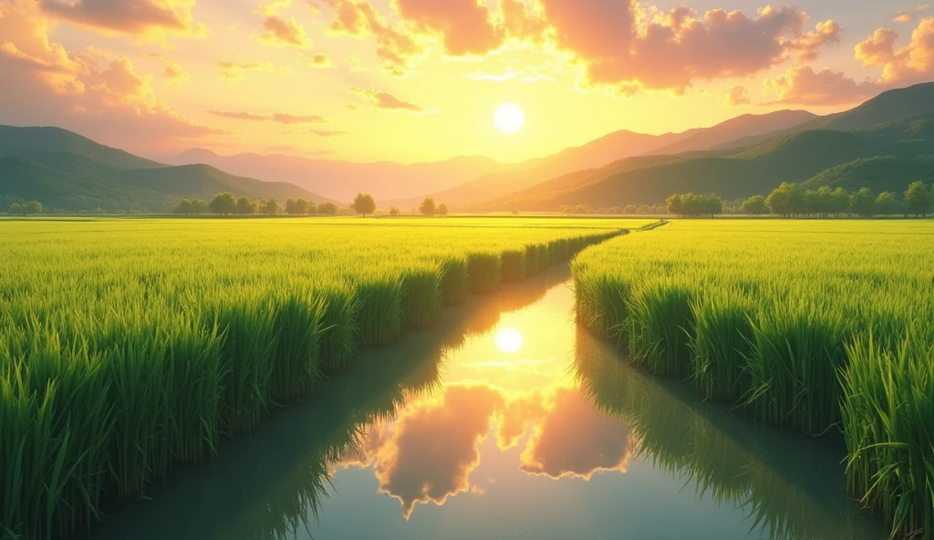 Summer evening in Japan、Rice field natural scenery.  Unreal Engine in Depth , Nature of the Japanese countryside、