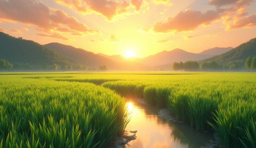 Summer evening in Japan、Rice field natural scenery.  Unreal Engine in Depth , Nature of the Japanese countryside、