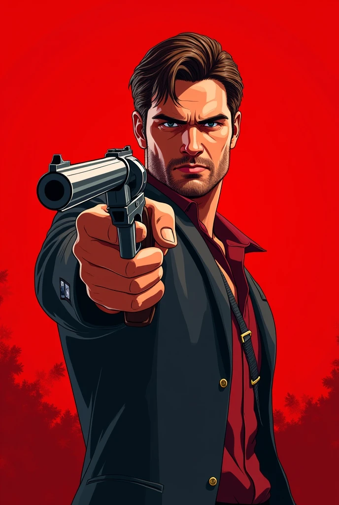Generate an image of a read dead redemption 2 poster of my character pointing his revolver with a red background, make it a bit animated and just from half body up
Character: Tall, White, brown hair, young, shaved bear, with thick eyebrows, good jawline, having an agresivo look