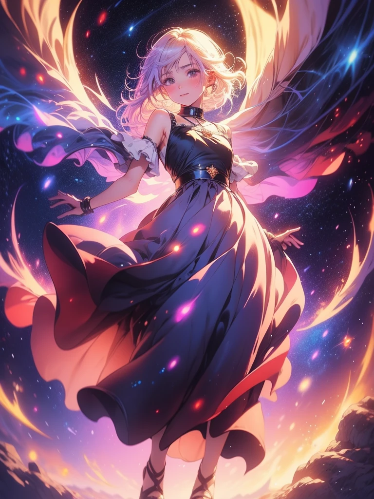 a picture taken from a digital painting of a girl in a dress, beautiful anime artwork, wearing a dress made of stars, beautiful anime art, makoto shinkai cyril rolando, magical dress, anime fantasy illustration, anime fantasy artwork, ethereal anime, anime girl with cosmic hair, dreamlike art, cosmic skies. by makoto shinkai, anime art wallpaper 4 k