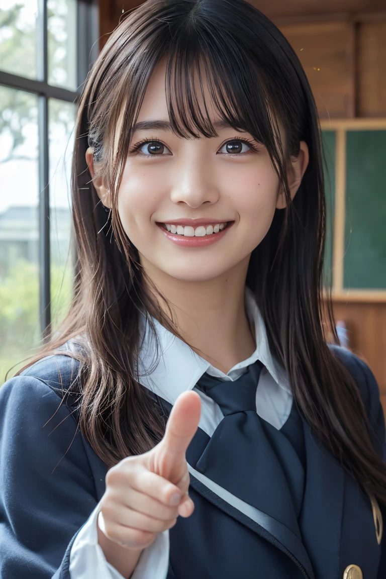 (8k, RAW Photos,Highest quality, High resolution:1.1), (Ultra-realistic:1.4),(Realistic, Realistic:1.3),The Beauty of Japan、((smile:1.3))、classroom、uniform、(pointing:1.4)