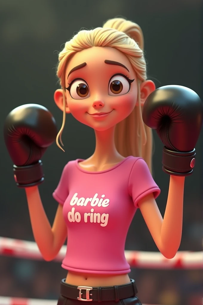 Cartoon character of a Brazilian woman in a pink t-shirt, on her t-shirt it says "BARBIE DO RING", she is wearing black boxing gloves, and her hands are raised because she won the fight, her forehead is a little big. light-skinned animation character, long face, light hair, blonde hair, ponytailed hair, dark brown eyes, small round slightly almond-shaped eyes, thin features, delicate features, cute, gorgeous, smile, stylized character, rendering animation style, stylized 3D, (Pixar style) (bokeh) (best quality) (skin detail)