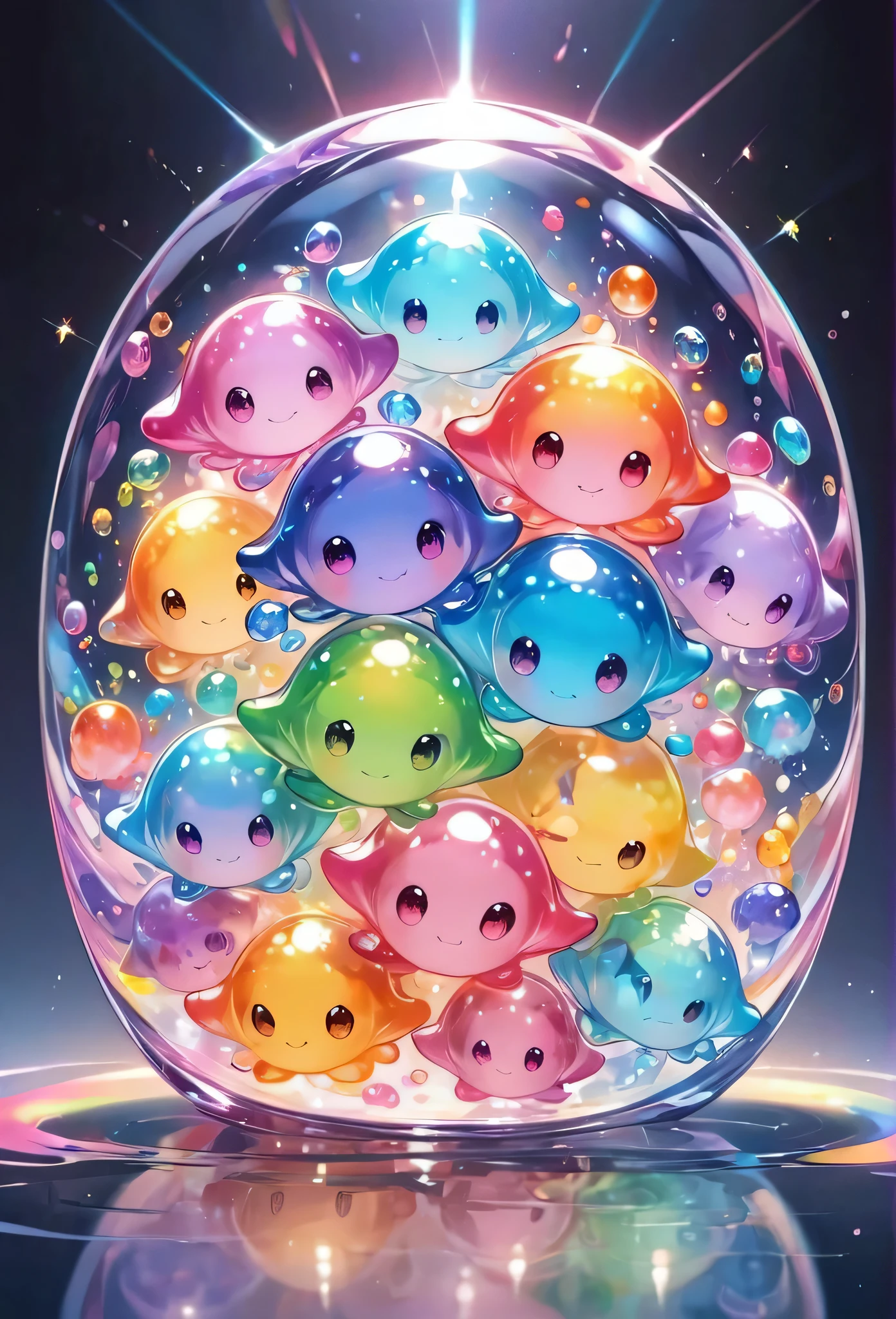 Cute aliens, All in one, Tiny nuclei that shine in fantastical rainbow colors,and a completely melted jelly fusion, Very transparent material, High viscosity, Elasticity due to surface tension, Holographic sparkling reflections, Create an engaging impression on your audience