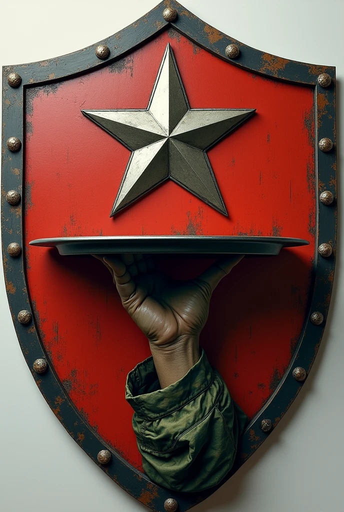 Shield with a hand holding an open waiter&#39;s tray with an army star floating, hand with camouflage clothing 