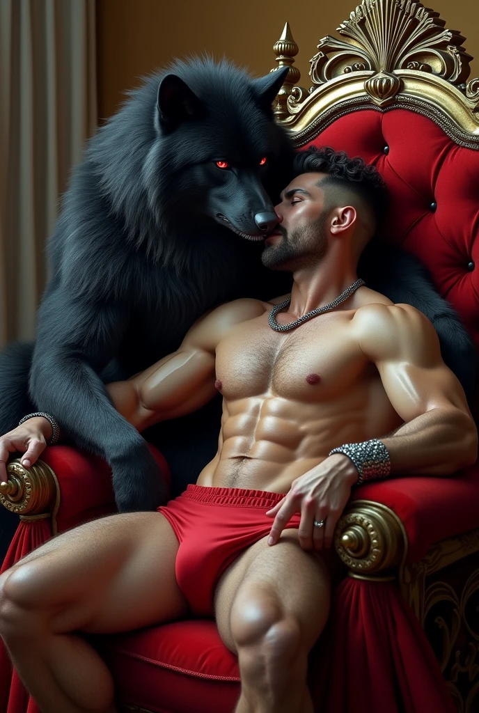 Handsome muscular furry black Wolf red êtes white chest white ABS white inner thighs red underwear bulge silver necklace ans bracelet. Sitting in throne. Kiss male human male chest hair lick . sitting on thigh